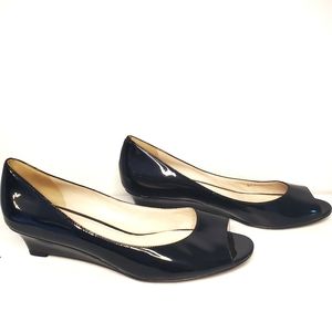 Cole Haan Patent Black Peep Toe Wedge 9